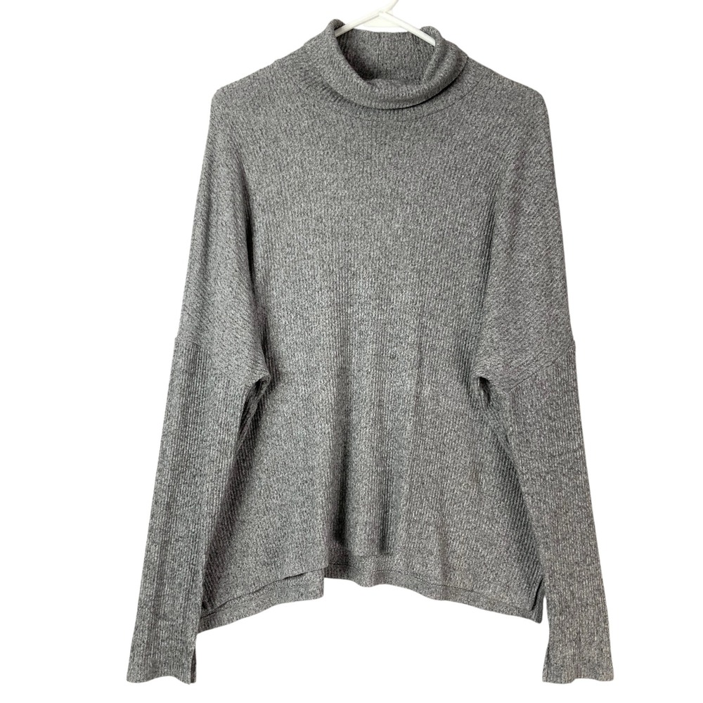 Aerie Heather Grey Ribbed Sweater L Pullover Turtleneck Long Sleeve Side Slit